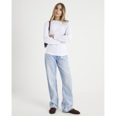 White Long Sleeve Drape Side Top