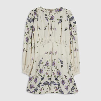 White Long Sleeve Floral Mini Dress