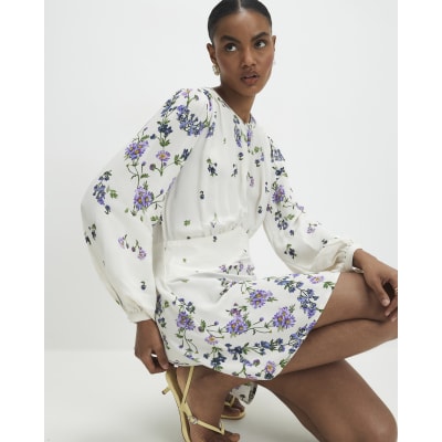 White Long Sleeve Floral Mini Dress