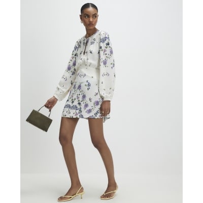 White Long Sleeve Floral Mini Dress