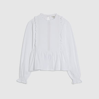 White Long Sleeve Frill Trim Smock Top