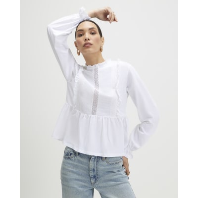 White Long Sleeve Frill Trim Smock Top