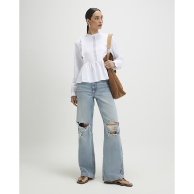 White Long Sleeve Frill Trim Smock Top