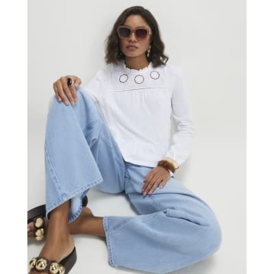 White Long Sleeve Jersey Floral Broderie Top