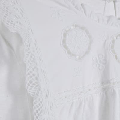 White Long Sleeve Jersey Floral Broderie Top
