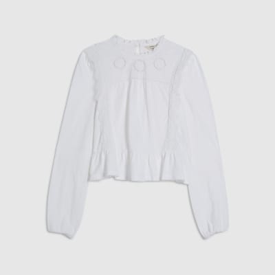 White Long Sleeve Jersey Floral Broderie Top