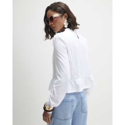 White Long Sleeve Jersey Floral Broderie Top