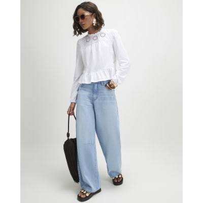 White Long Sleeve Jersey Floral Broderie Top