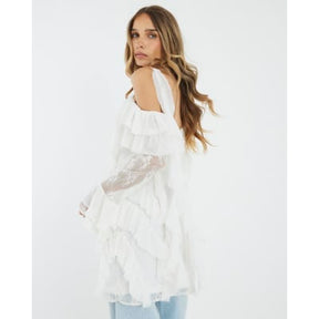 White Long Sleeve Lace Ruffled Mini Dress