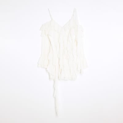 White Long Sleeve Lace Ruffled Mini Dress