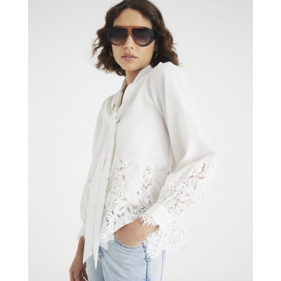 White long sleeve lace trim pussybow blouse