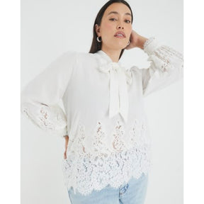 White long sleeve lace trim pussybow blouse