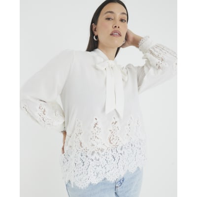 White long sleeve lace trim pussybow blouse