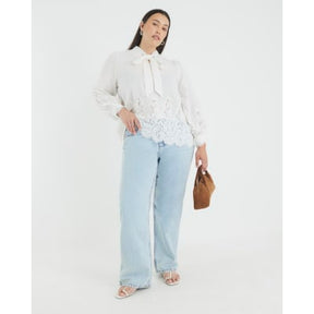 White long sleeve lace trim pussybow blouse