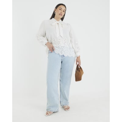 White long sleeve lace trim pussybow blouse