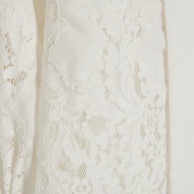 White long sleeve lace trim pussybow blouse