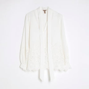 White long sleeve lace trim pussybow blouse