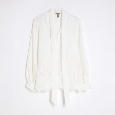 White long sleeve lace trim pussybow blouse
