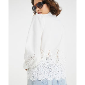 White long sleeve lace trim pussybow blouse