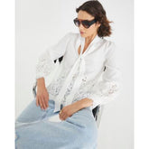 White long sleeve lace trim pussybow blouse