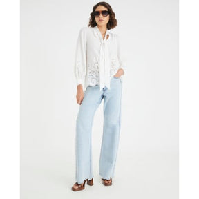 White long sleeve lace trim pussybow blouse