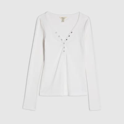 White Long Sleeve Popper Ribbed Top