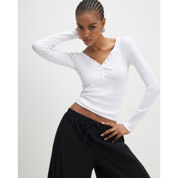 White Long Sleeve Popper Ribbed Top