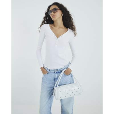White Long Sleeve Popper V Neck Ribbed Top