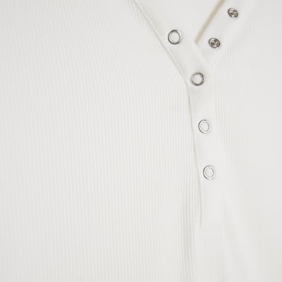 White Long Sleeve Popper V Neck Ribbed Top