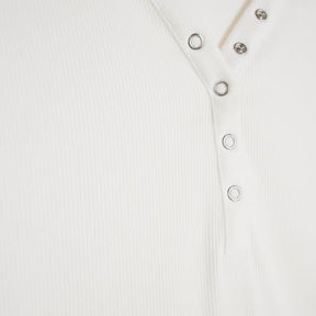 White Long Sleeve Popper V Neck Ribbed Top