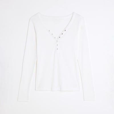 White Long Sleeve Popper V Neck Ribbed Top