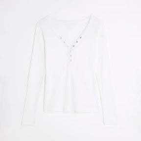 White Long Sleeve Popper V Neck Ribbed Top