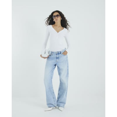 White Long Sleeve Popper V Neck Ribbed Top