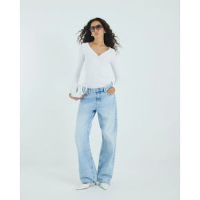 White Long Sleeve Popper V Neck Ribbed Top