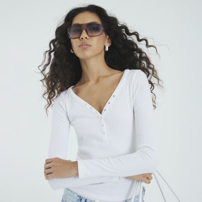 White Long Sleeve Popper V Neck Ribbed Top