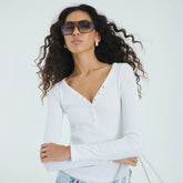 White Long Sleeve Popper V Neck Ribbed Top