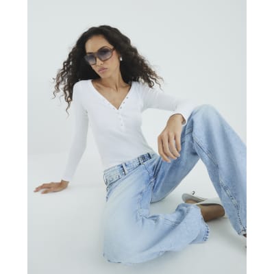 White Long Sleeve Popper V Neck Ribbed Top