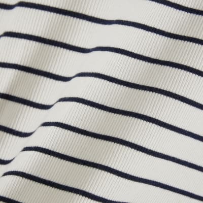 White Long Sleeve Ribbed Crew Neck Stripe Top