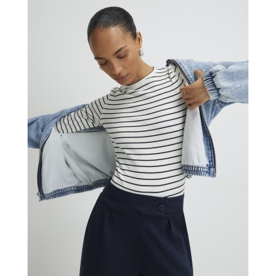 White Long Sleeve Ribbed Crew Neck Stripe Top