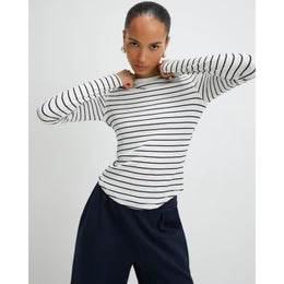 White Long Sleeve Ribbed Crew Neck Stripe Top