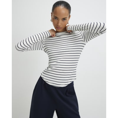 White Long Sleeve Ribbed Crew Neck Stripe Top