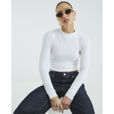 White Long Sleeve Ribbed Crew Neck Top