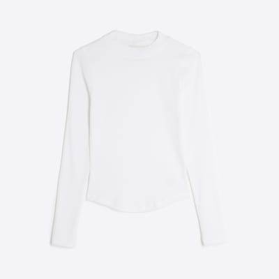 White Long Sleeve Ribbed Crew Neck Top