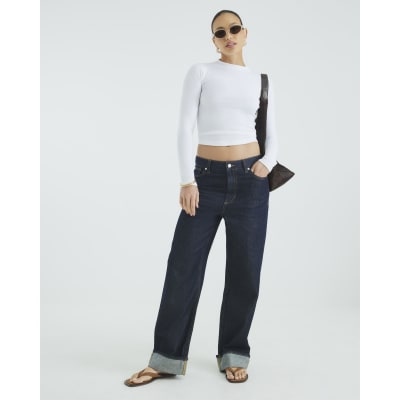 White Long Sleeve Ribbed Crew Neck Top