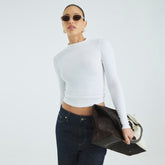 White Long Sleeve Ribbed Crew Neck Top