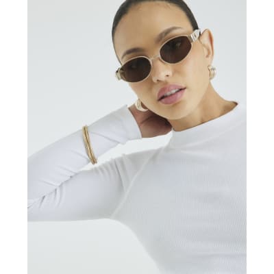 White Long Sleeve Ribbed Crew Neck Top