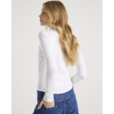 White Long Sleeve Ribbed Crew Neck Top