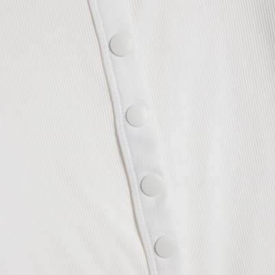 White Long Sleeve Ribbed Popper Top