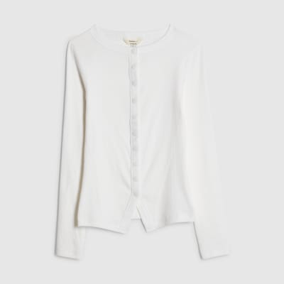 White Long Sleeve Ribbed Popper Top