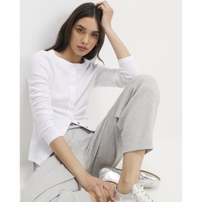 White Long Sleeve Ribbed Popper Top